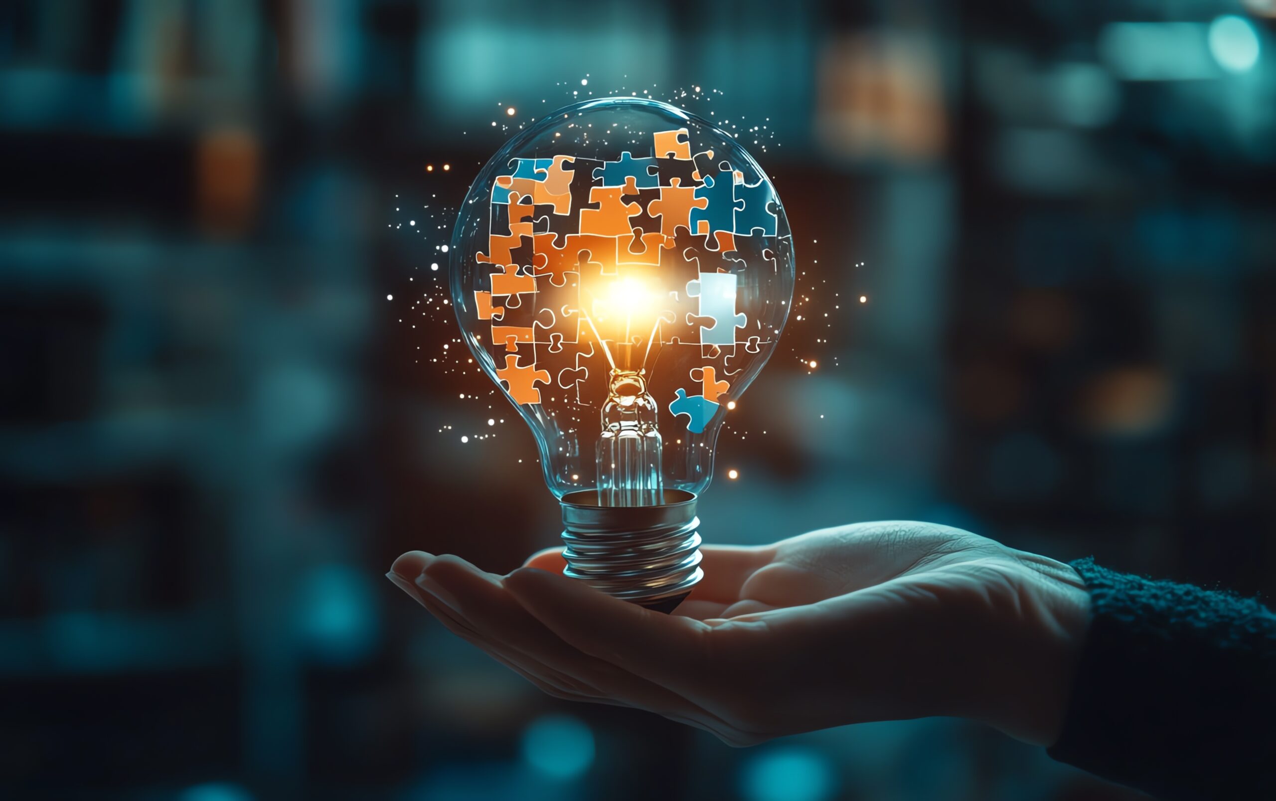 Problem solving strategy technique and solution concept, Person holding light bulb with jigsaw icon on virtual screen Problem solving strategy technique and solution concept, Person holding light bulb with jigsaw icon on virtual screen